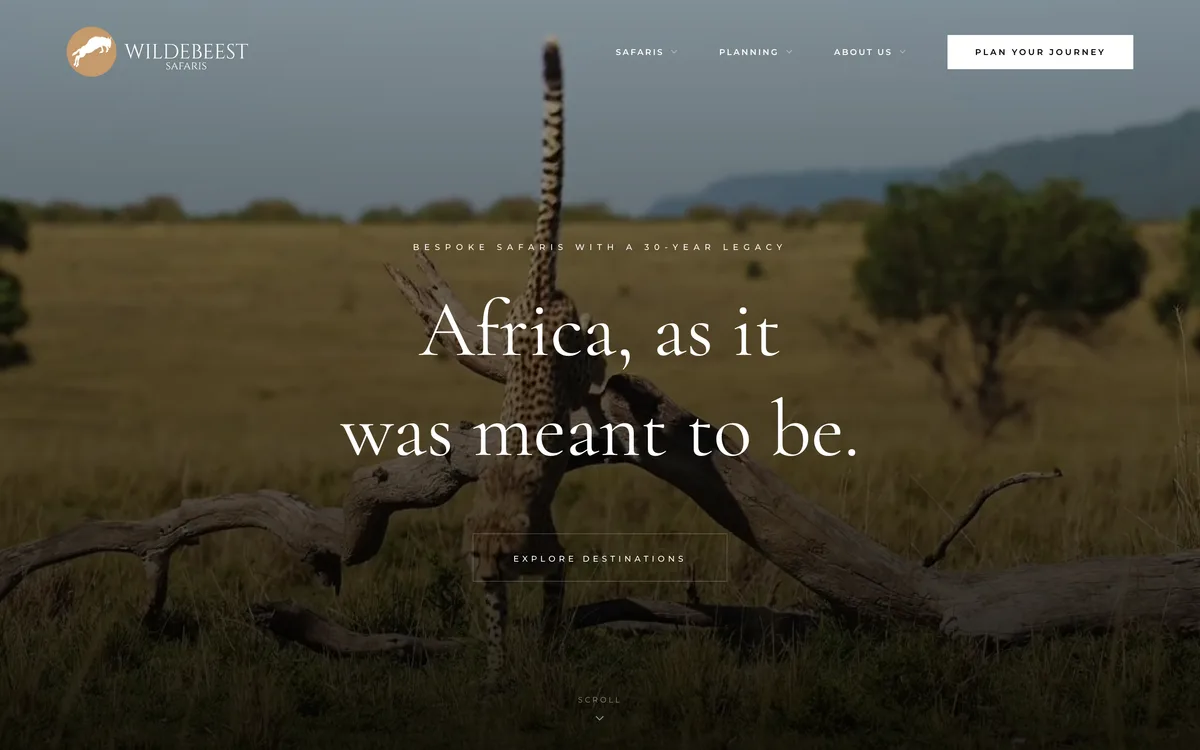 Página inicial do site da Wildebeest Safaris, operador de safaris no Quénia e na Tanzânia